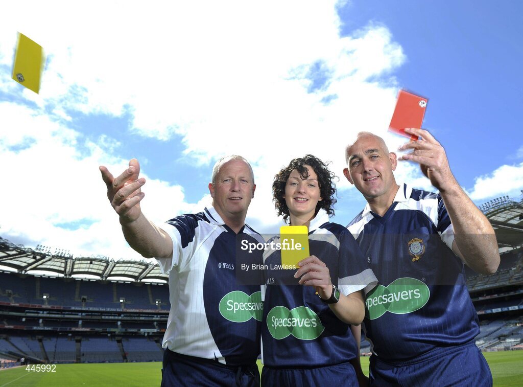 28 July 2010; A new sponsorship deal between Specsavers and the Ladies Gaelic Football Association will ensure all of the sport's national All-Ireland panel of referees have their eyes firmly focussed on the game. At the announcement are ladies football referees, from left, Keith Delahunty, Maggie Farrell, and Eugene O'Hare. Croke Park, Dublin. Picture credit: Brian Lawless / SPORTSFILE