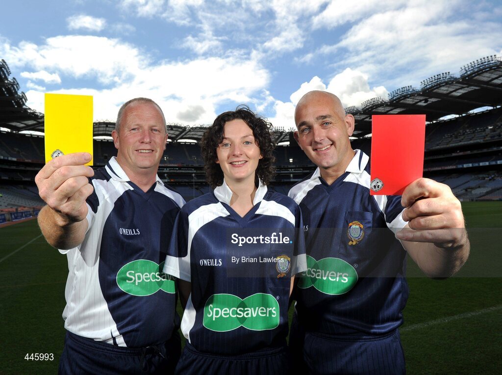 28 July 2010; A new sponsorship deal between Specsavers and the Ladies Gaelic Football Association will ensure all of the sport's national All-Ireland panel of referees have their eyes firmly focused on the game. At the announcement are Ladies Football referees, from left, Keith Delahunty, Maggie Farrell, and Eugene O'Hare. Croke Park, Dublin. Picture credit: Brian Lawless / SPORTSFILE