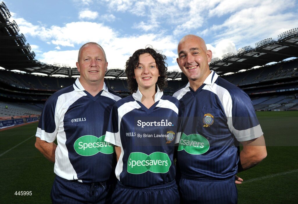 28 July 2010; A new sponsorship deal between Specsavers and the Ladies Gaelic Football Association will ensure all of the sport's national All-Ireland panel of referees have their eyes firmly focused on the game. At the announcement are Ladies Football referees, from left, Keith Delahunty, Maggie Farrell, and Eugene O'Hare. Croke Park, Dublin. Picture credit: Brian Lawless / SPORTSFILE