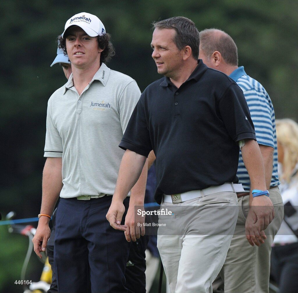 28 July 2010; Rory Mcllroy with Waterford hurling manager Davy Fitzgerald on the 15th fairway. 3 Irish Open Golf Championship - Pro Am, Killeen Course, Killarney Golf & Fishing Club, Killarney, Co. Kerry. Picture credit: Matt Browne / SPORTSFILE