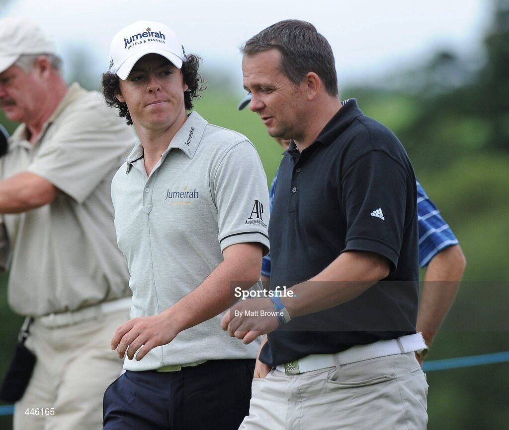 28 July 2010; Rory Mcllroy with Waterford hurling manager Davy Fitzgerald on the 15th fairway. 3 Irish Open Golf Championship - Pro Am, Killeen Course, Killarney Golf & Fishing Club, Killarney, Co. Kerry. Picture credit: Matt Browne / SPORTSFILE