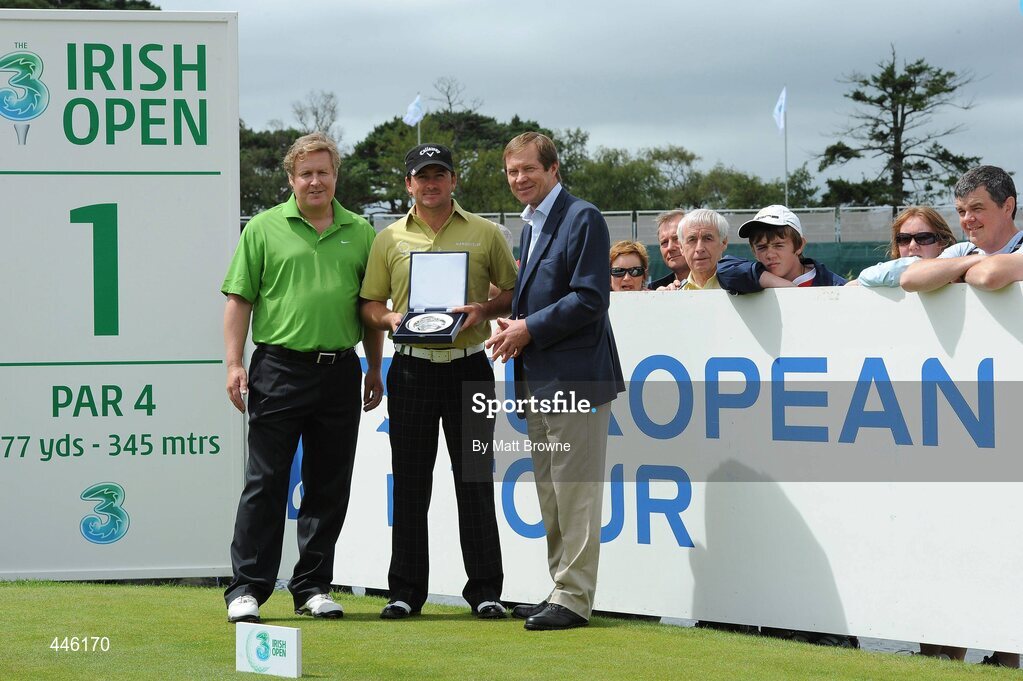 28 July 2010; Graeme McDowell receives the PGA Tour player of the month award from Robert Finnegan, CEO of 3 Ireland, and George O'Grady, Chief Executive of The European Tour, at 3 Irish Open Golf Championship. Killeen Course, Killarney Golf & Fishing Club, Killarney, Co. Kerry. Picture credit: Matt Browne / SPORTSFILE