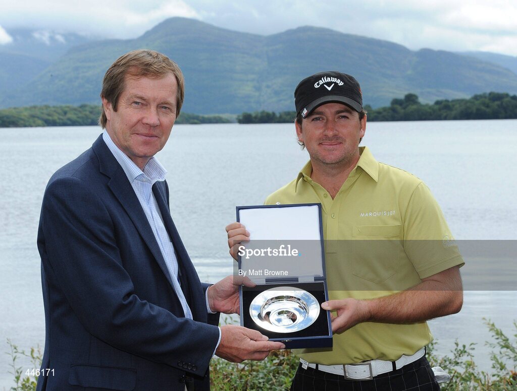 28 July 2010; Graeme McDowell receives the PGA Tour player of the month award from George O'Grady, Chief Executive of The European Tour, at 3 Irish Open Golf Championship. Killeen Course, Killarney Golf & Fishing Club, Killarney, Co. Kerry. Picture credit: Matt Browne / SPORTSFILE
