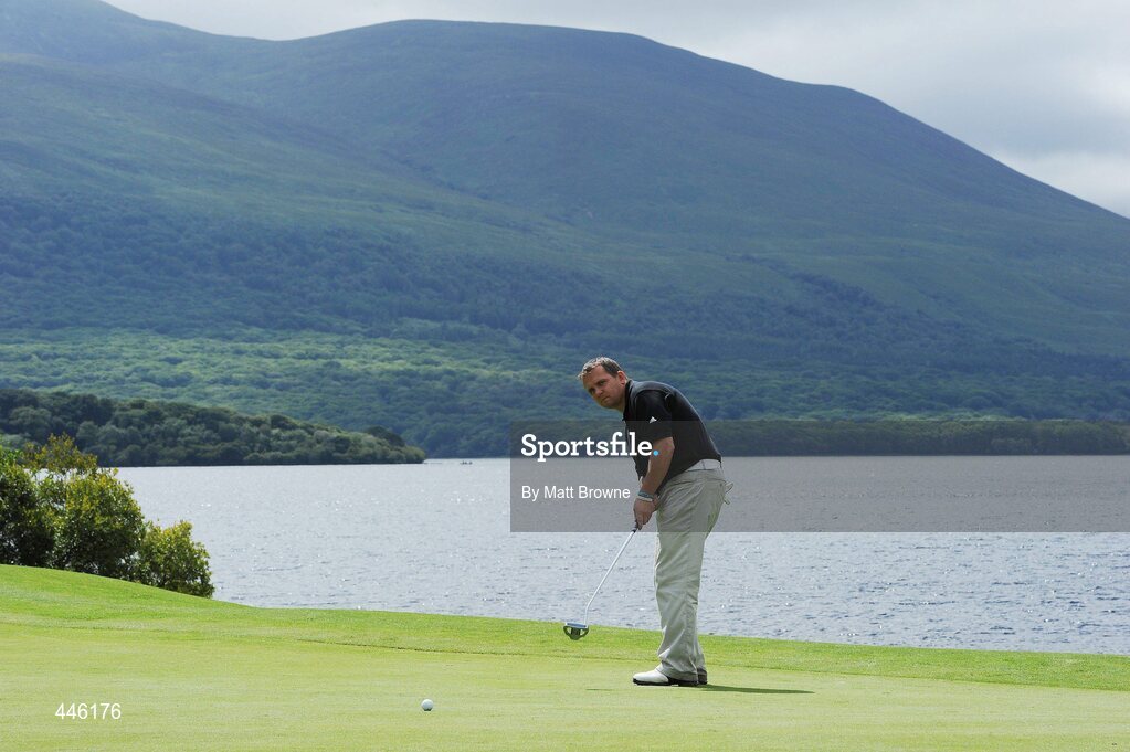 28 July 2010; Waterford hurling manager Davy Fitzgerald watches his putt on the 4th green. 3 Irish Open Golf Championship - Pro Am, Killeen Course, Killarney Golf & Fishing Club, Killarney, Co. Kerry. Picture credit: Matt Browne / SPORTSFILE