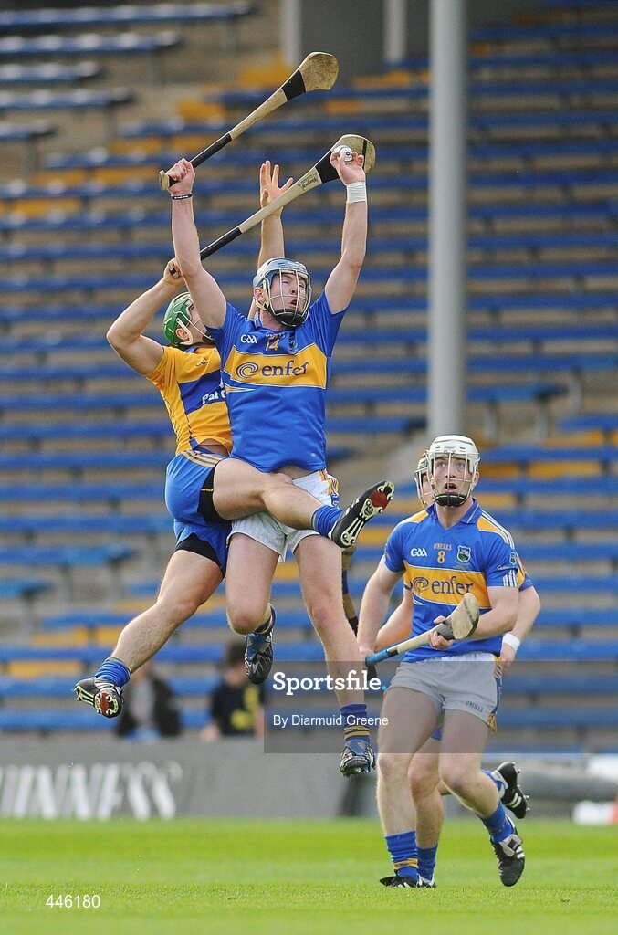 28 July 2010; Paddy Murphy, Tipperary, in action against Cathal Chaplin, Clare. Bord Gáis Energy GAA Hurling Under 21 Munster Championship Final, Tipperary v Clare, Semple Stadium, Thurles, Co. Tipperary. Picture credit: Diarmuid Greene / SPORTSFILE