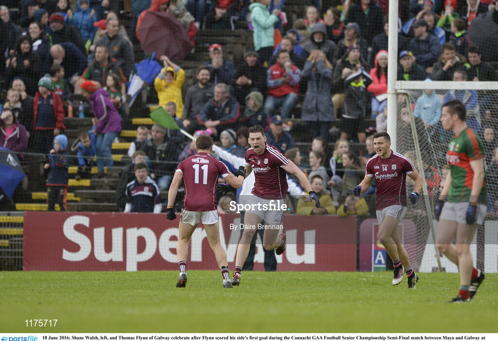 18 June 2016; Shane Walsh, left, and Thomas Flynn of Galway celebrate after Flynn scored his side's first goal during the Connacht GAA Football Senior Championship Semi-Final match between Mayo and Galway at Elverys MacHale Park in Castlebar, Co Mayo. Photo by Daire Brennan/Sportsfile