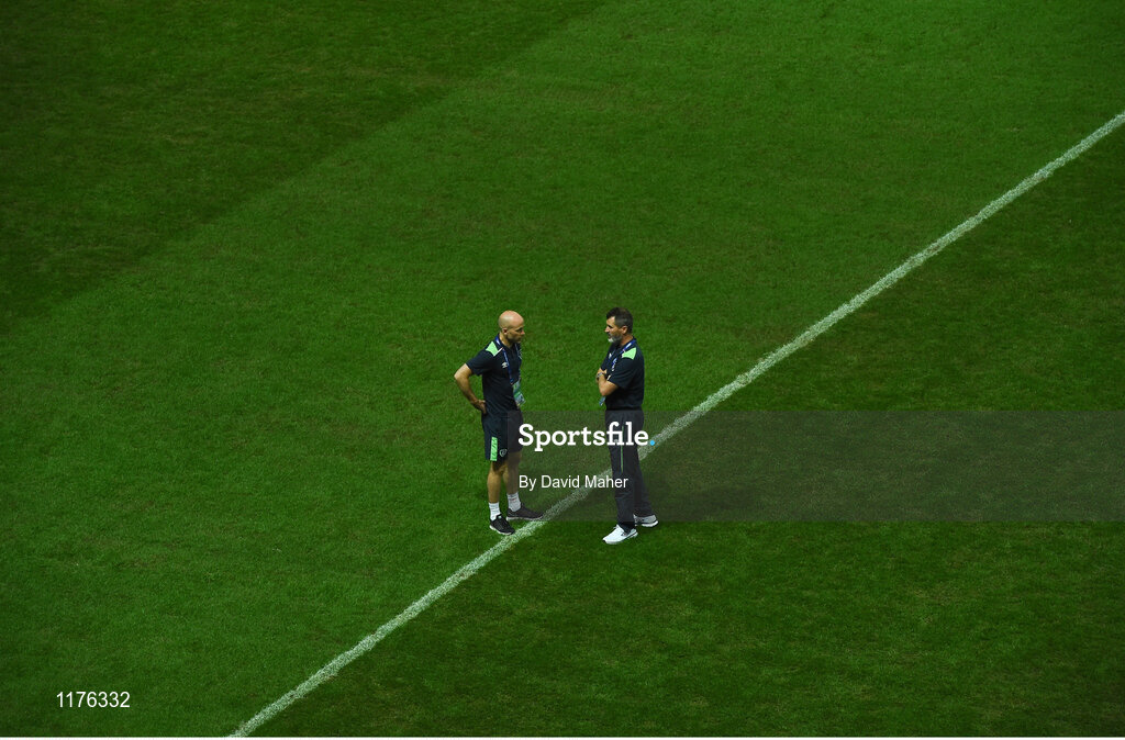 21 June 2016; Republic of Ireland assistant manager Roy Keane and team trainer Dan Horan on the pitch at Grand Stade Lille Métropole, Lille, France Photo by David Maher/Sportsfile