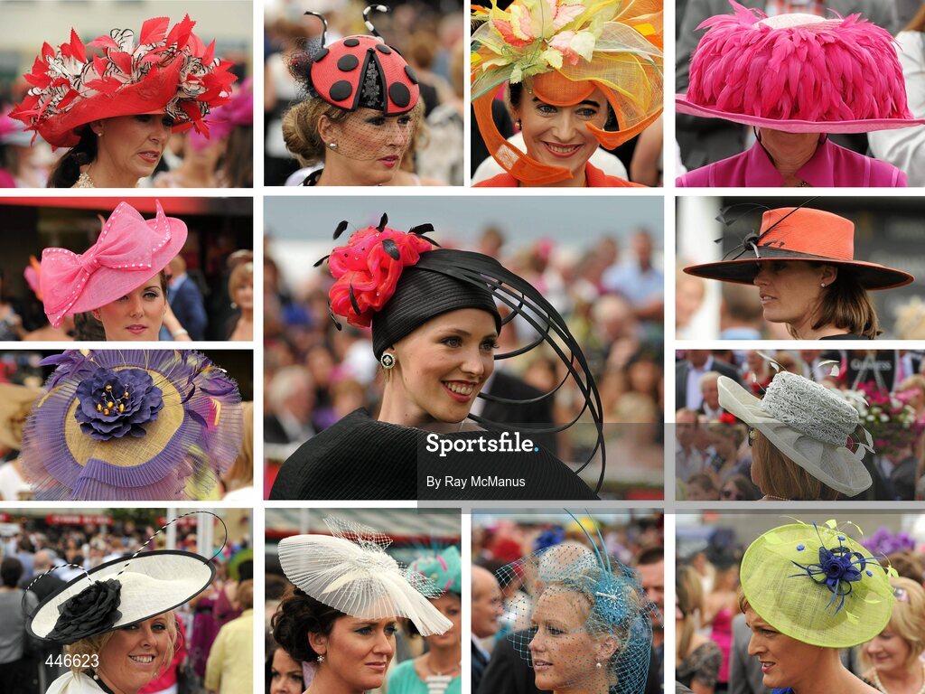 29 July 2010; Aoife Ryan, from Salthill, Co. Galway, centre, who won the best hat competition on Ladies' Day at the Galway Races is surrounded by other racegoers in this composite. Galway Racing Festival 2010, Ballybrit, Galway. Picture credit: Ray McManus / SPORTSFILE