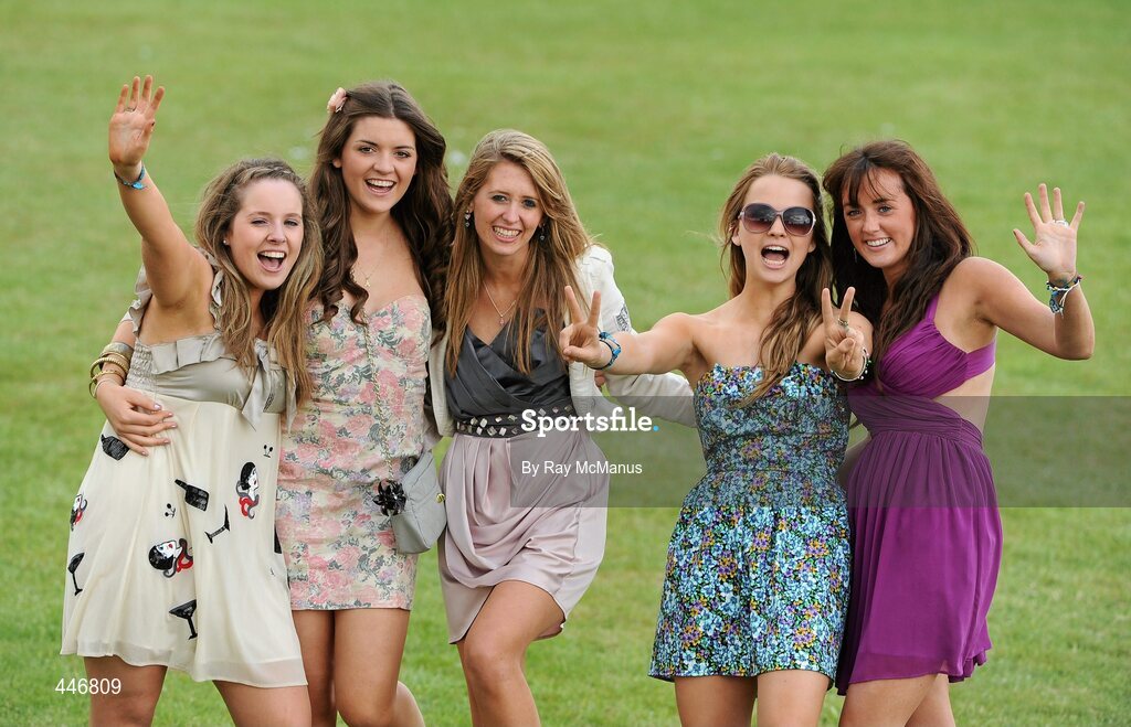 29 July 2010; Naomi Cavangh, from Ballingarry, North Tipperary, with Ailbhe McGowan, from Newtownforbes, Co. Longford, Aoibhin Flanagan, from Kong, Co. Mayo, Aislin Hurley, from Kilcock, Co. Kildare and Clodagh Phealan, from Newtown, Co. Laois, wave goodbye to the races. Galway Racing Festival 2010, Ballybrit, Galway. Picture credit: Ray McManus / SPORTSFILE