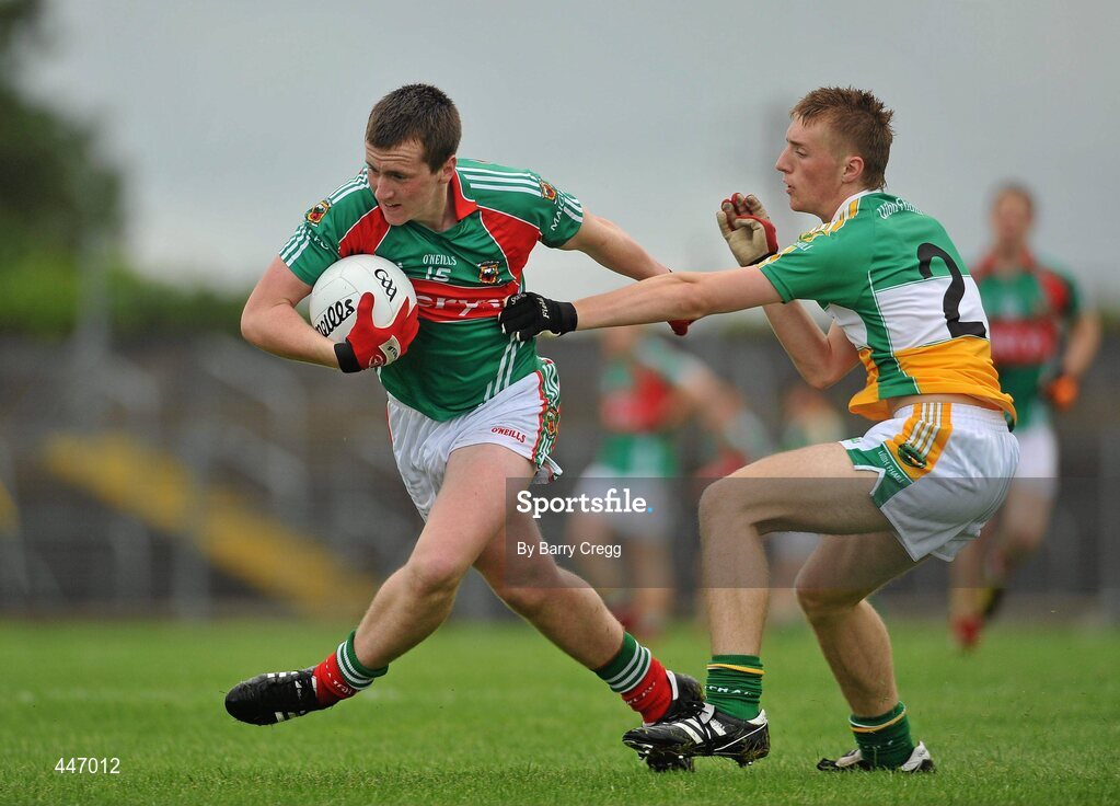 31 July 2010; Cillian O'Connor, Mayo, in action against Conor Lowry, Offaly. ESB GAA Football All-Ireland Minor Championship Quarter-Final, Mayo v Offaly, Dr. Hyde Park, Roscommon. Picture credit: Barry Cregg / SPORTSFILE