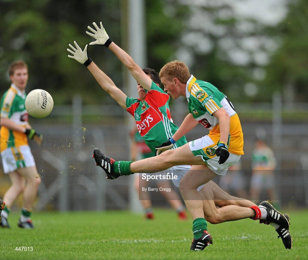 31 July 2010; Declan Hogan, Offaly, in action against Jack McDonnell, Mayo. ESB GAA Football All-Ireland Minor Championship Quarter-Final, Mayo v Offaly, Dr. Hyde Park, Roscommon. Picture credit: Barry Cregg / SPORTSFILE