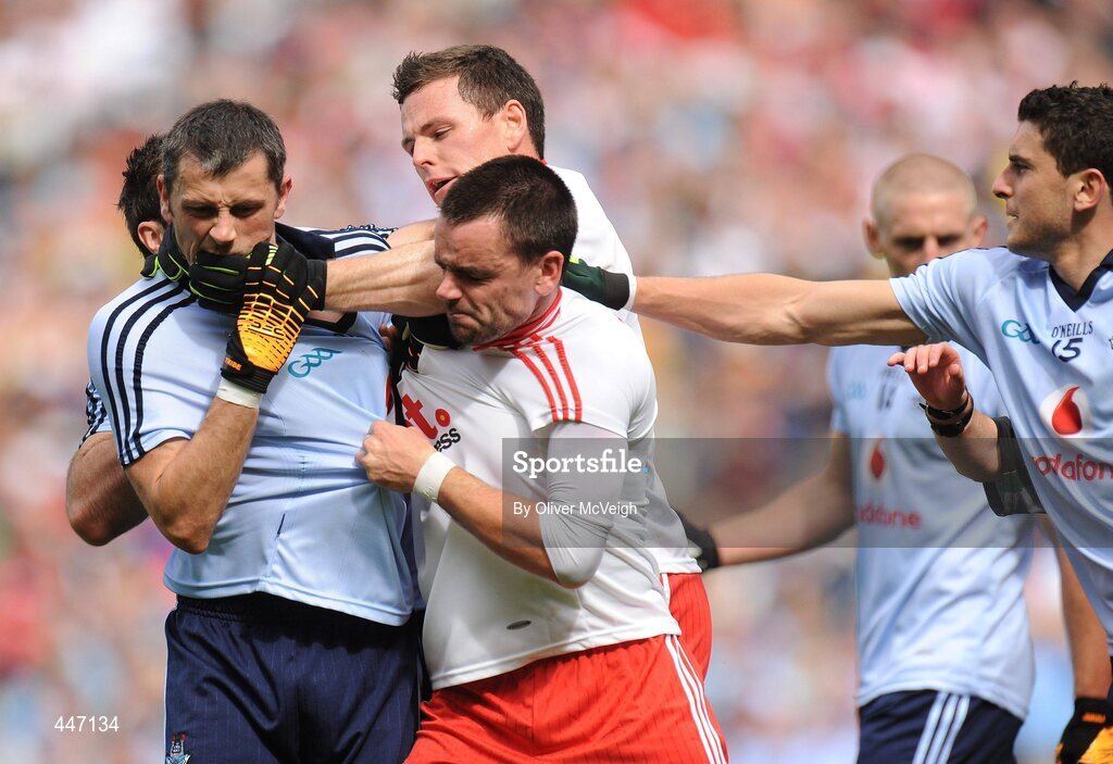 31 July 2010; Alan Brogan, Dublin, Conor Gormleyand and Ryan McMenamin, Tyrone, involved in an altercation during the game. GAA Football All-Ireland Senior Championship Quarter-Final, Tyrone v Dublin, Croke Park, Dublin. Picture credit: Oliver McVeigh / SPORTSFILE