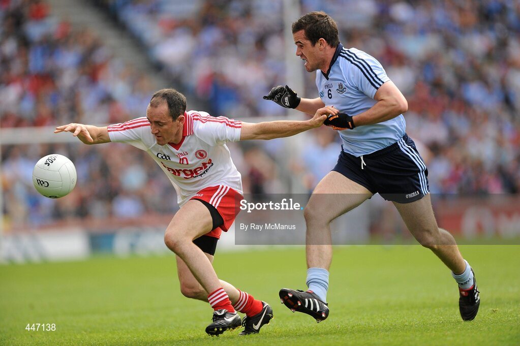 31 July 2010; Brian Dooher, Tyrone, in action against Gerard Brennan, Dublin. GAA Football All-Ireland Senior Championship Quarter-Final, Tyrone v Dublin, Croke Park, Dublin. Picture credit: Ray McManus / SPORTSFILE