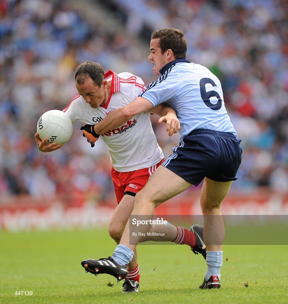 31 July 2010; Brian Dooher, Tyrone, in action against Gerard Brennan, Dublin. GAA Football All-Ireland Senior Championship Quarter-Final, Tyrone v Dublin, Croke Park, Dublin. Picture credit: Ray McManus / SPORTSFILE