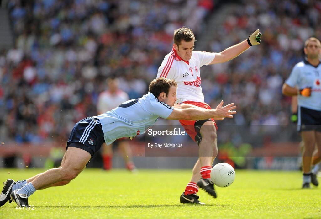 31 July 2010; Philip Jordan, Tyrone, in action against Barry Cullen, Dublin. GAA Football All-Ireland Senior Championship Quarter-Final, Tyrone v Dublin, Croke Park, Dublin. Picture credit: Ray McManus / SPORTSFILE