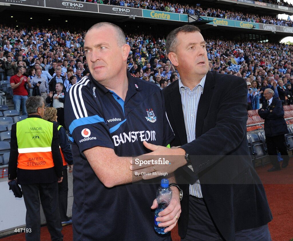 31 July 2010; Dublin manager Pat Gilroy, left, is congratulated by John Costello, Dublin GAA Chief Executive, at the final whistle. GAA Football All-Ireland Senior Championship Quarter-Final, Tyrone v Dublin, Croke Park, Dublin. Picture credit: Oliver McVeigh / SPORTSFILE