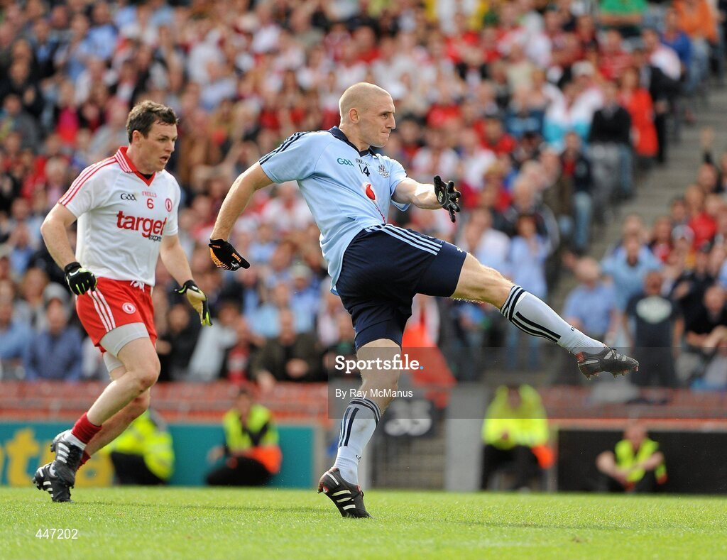 31 July 2010; Dublin's Eoghan O'Gara watches his shot hit the net for the games only goal. GAA Football All-Ireland Senior Championship Quarter-Final, Tyrone v Dublin, Croke Park, Dublin. Picture credit: Ray McManus / SPORTSFILE