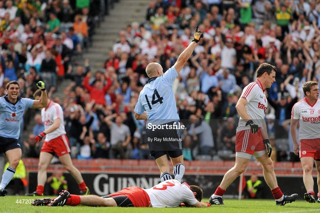 31 July 2010; Eoghan O'Gara , 14, celebrates scoring the Dublin goal. GAA Football All-Ireland Senior Championship Quarter-Final, Tyrone v Dublin, Croke Park, Dublin. Picture credit: Ray McManus / SPORTSFILE