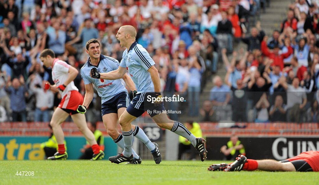 31 July 2010; Eoghan O'Gara celebrates, with Bernard Brogan, after scoring the Dublin goal. GAA Football All-Ireland Senior Championship Quarter-Final, Tyrone v Dublin, Croke Park, Dublin. Picture credit: Ray McManus / SPORTSFILE