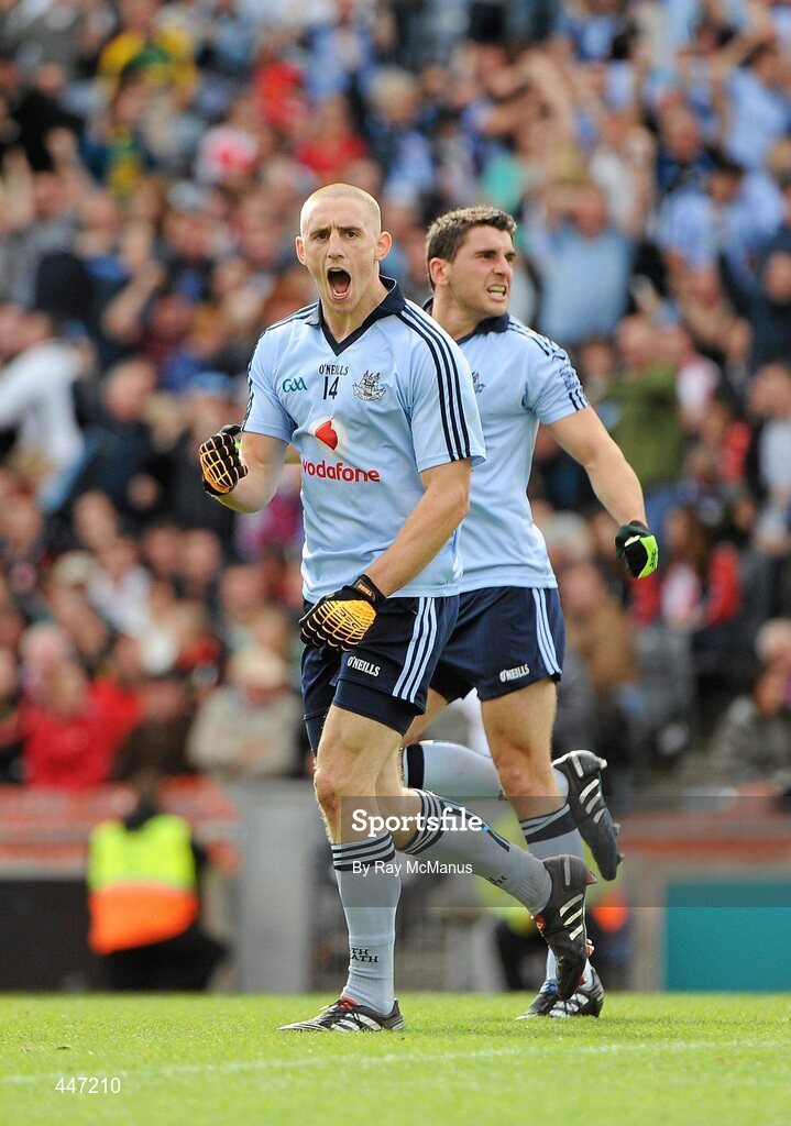 31 July 2010; Eoghan O'Gara celebrates, with Bernard Brogan, after scoring the Dublin goal. GAA Football All-Ireland Senior Championship Quarter-Final, Tyrone v Dublin, Croke Park, Dublin. Picture credit: Ray McManus / SPORTSFILE