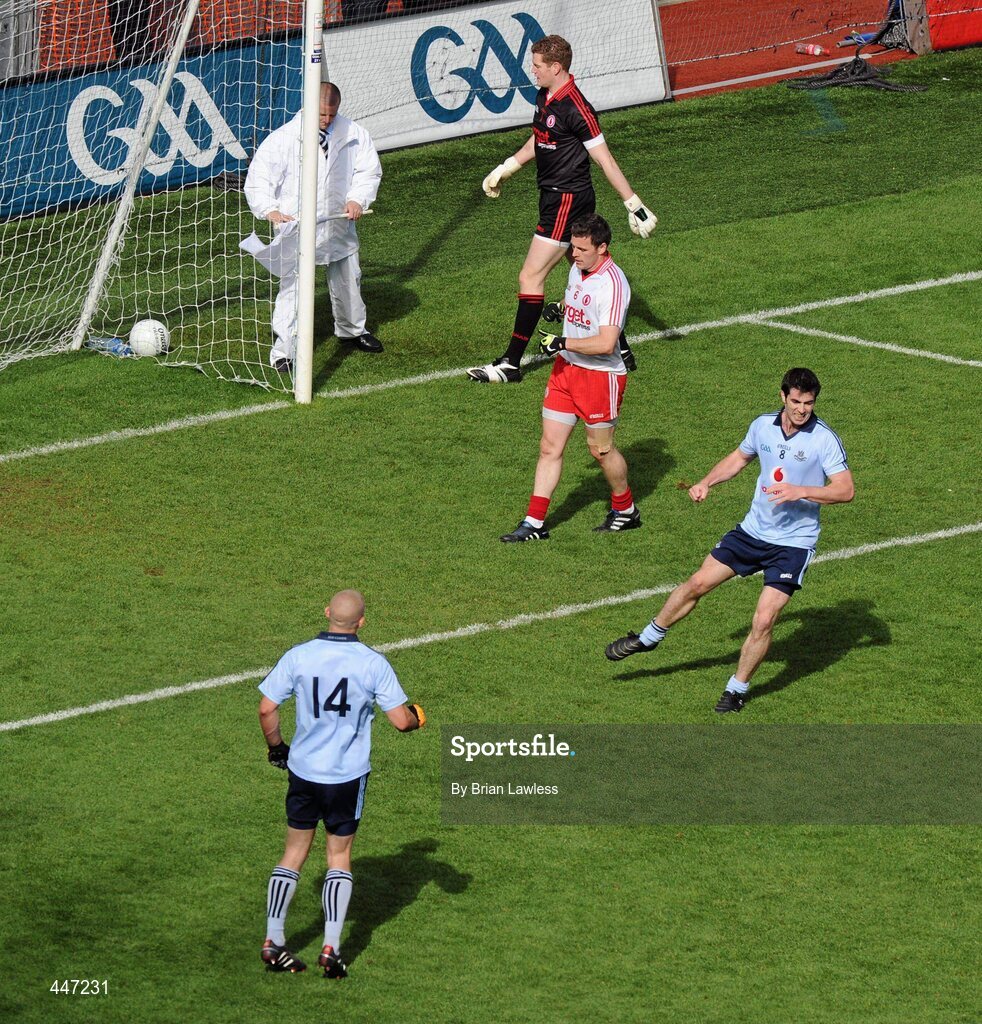 31 July 2010; Dublin's Michael Darragh Mcauley celebrates scoring the last point of the match. GAA Football All-Ireland Senior Championship Quarter-Final, Tyrone v Dublin, Croke Park, Dublin. Picture credit: Brian Lawless / SPORTSFILE