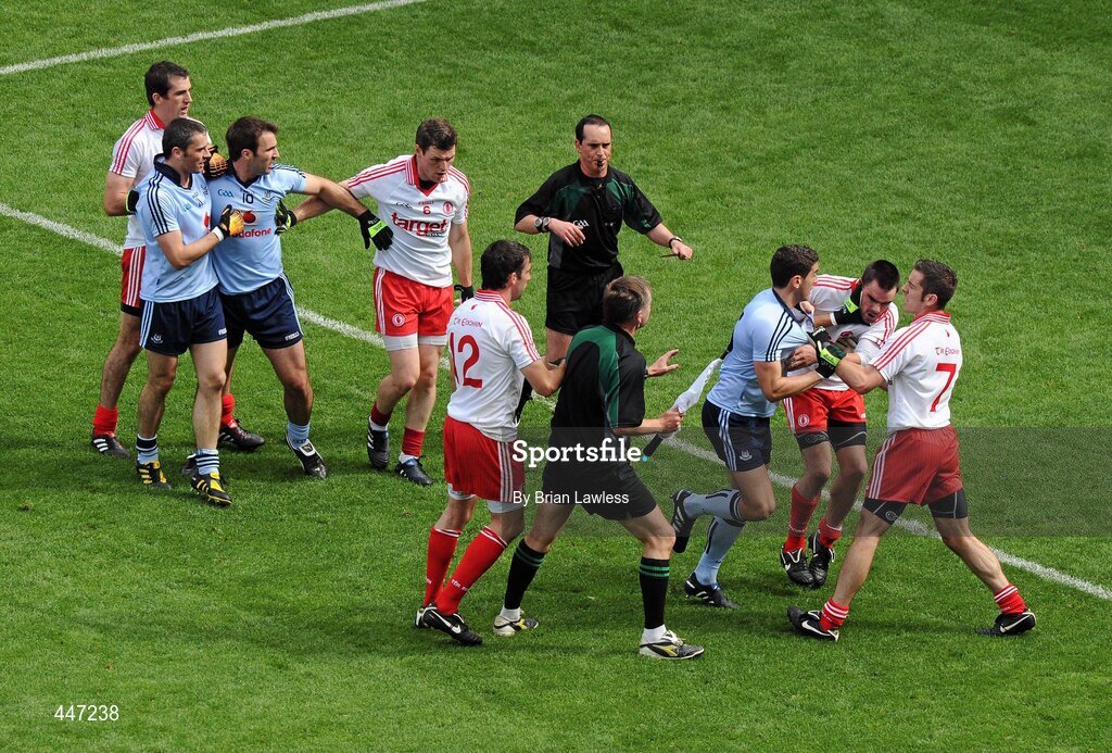 31 July 2010; Dublin and Tyrone players clash in the first half. GAA Football All-Ireland Senior Championship Quarter-Final, Tyrone v Dublin, Croke Park, Dublin. Picture credit: Brian Lawless / SPORTSFILE