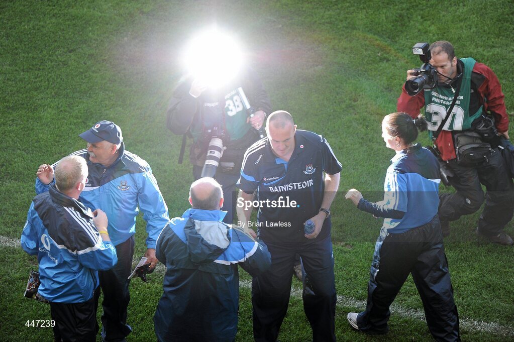 31 July 2010; Dublin manager Pat Gilroy is congratulated by his backroom staff after the win. GAA Football All-Ireland Senior Championship Quarter-Final, Tyrone v Dublin, Croke Park, Dublin. Picture credit: Brian Lawless / SPORTSFILE