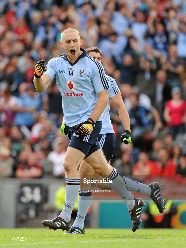 31 July 2010; Eoghan O'Gara celebrates after scoring the Dublin goal. GAA Football All-Ireland Senior Championship Quarter-Final, Tyrone v Dublin, Croke Park, Dublin. Picture credit: Ray McManus / SPORTSFILE