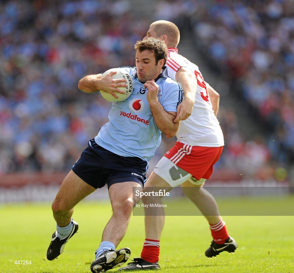 31 July 2010; Bryan Cullen, Dublin, in action against Kevin Hughes, Tyrone. GAA Football All-Ireland Senior Championship Quarter-Final, Tyrone v Dublin, Croke Park, Dublin. Picture credit: Ray McManus / SPORTSFILE