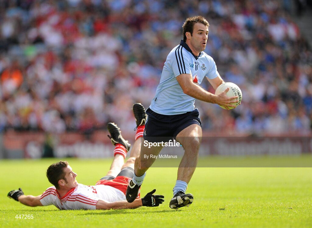 31 July 2010; Bryan Cullen, Tyrone, in action against Philip Jordan, Dublin. GAA Football All-Ireland Senior Championship Quarter-Final, Tyrone v Dublin, Croke Park, Dublin. Picture credit: Ray McManus / SPORTSFILE