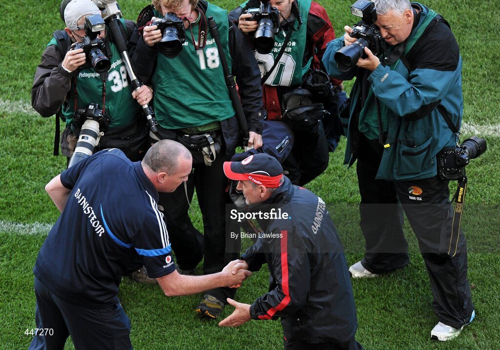 31 July 2010; Dublin manager Pat Gilroy shakes hands with Tyrone manager Mickey Harte after the match. GAA Football All-Ireland Senior Championship Quarter-Final, Tyrone v Dublin, Croke Park, Dublin. Picture credit: Brian Lawless / SPORTSFILE
