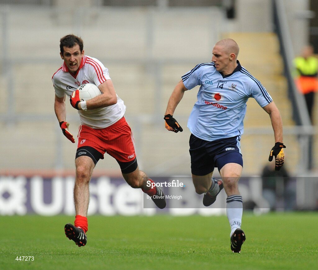 31 July 2010; Justin McMahon, Tyrone, in action against Eoghan O'Gara, Dublin. GAA Football All-Ireland Senior Championship Quarter-Final, Tyrone v Dublin, Croke Park, Dublin. Picture credit: Oliver McVeigh / SPORTSFILE