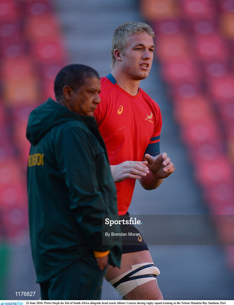 23 June 2016; Pieter-Steph du Toit of South Africa alingside head coach Allister Coetzee during rugby squad training at the Nelson Mandela Bay Stadium, Port Elizabeth, South Africa. Photo by Brendan Moran/Sportsfile