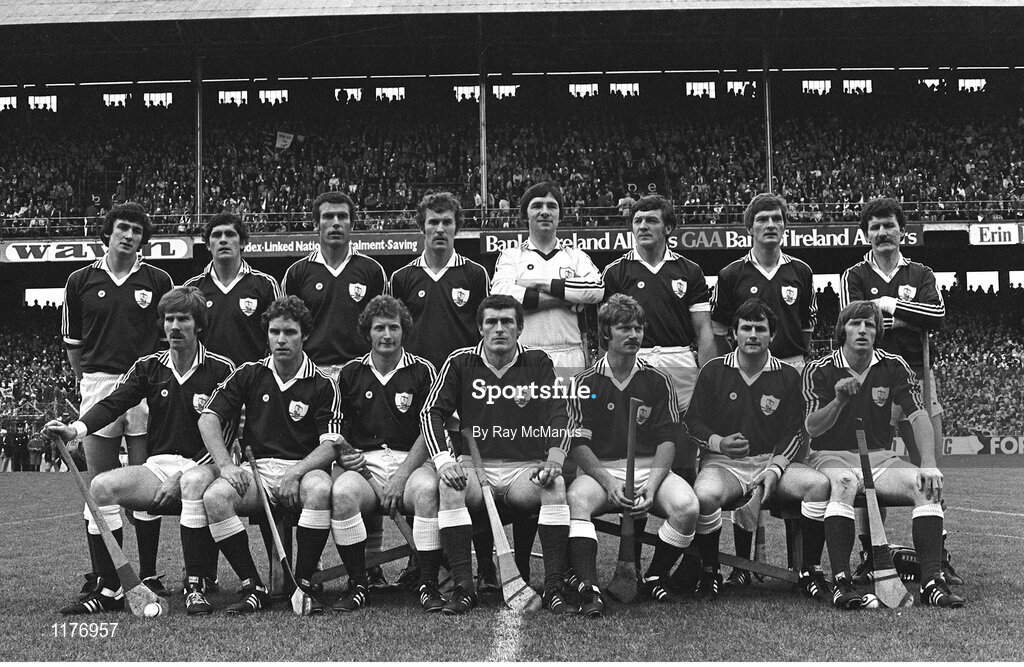 7 September 1980; The Galway team, back row, from left, Conor Hayes, Steve Mahon, John Connolly, Michael Connolly, Frank Burke, Noel Lane, Sean Silke, front row, from left, Niall McInerney, Seamus Coen, Jimmy Cooney, Joe Connolly, Sylvie Linnane, PJ Molloy, and Bernie Forde ahead of the All Ireland Hurling Championship Final match between Galway and Limerick at Croke Park in Dublin. Photo by Ray McManus/Sportsfile
