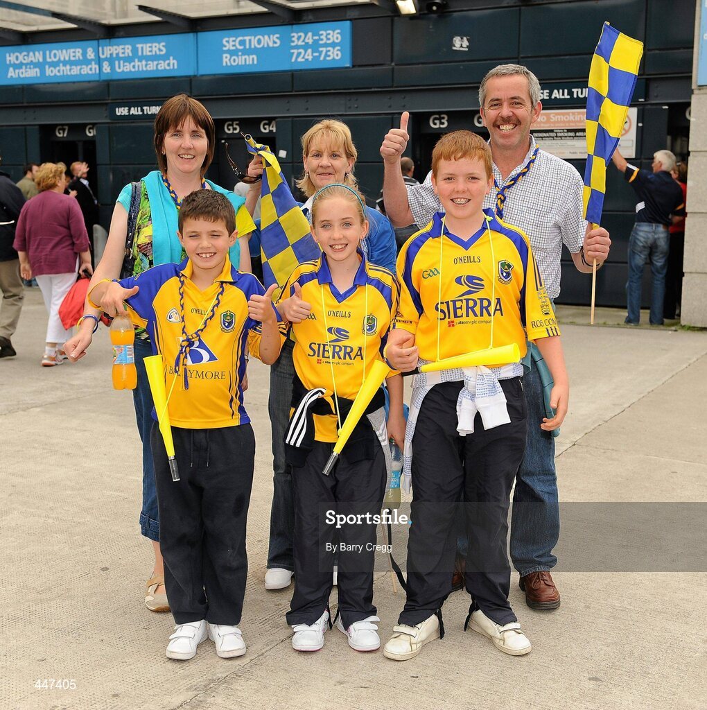 1 August 2010; Roscommon supporters show the thumbs up for their team ahead of the game, from left, Keith Jennings, 8, Emer Forde, 10, Barry Forde, 12, Marion Forde, Irene Greene and Peter Forde from Castlerea / Ballinlough, Co. Roscommon. GAA Football All-Ireland Senior Championship Quarter-Final, Roscommon v Cork, Croke Park, Dublin. Picture credit: Barry Cregg / SPORTSFILE