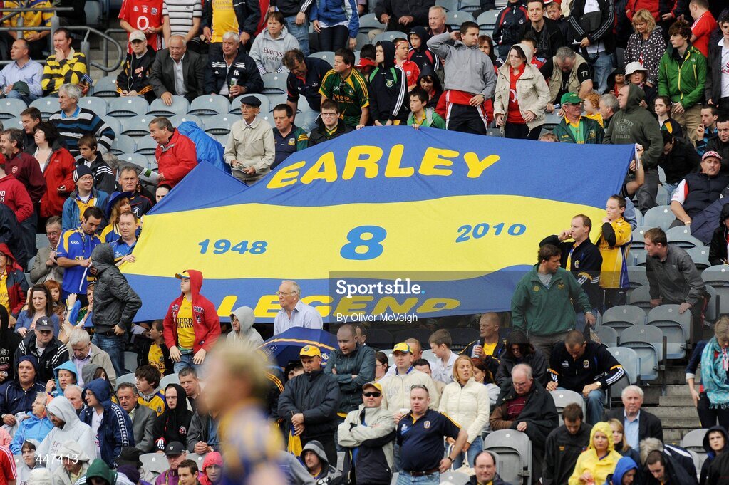 1 August 2010; Roscommon fans with a flag in memory of the late Dermot Earley senior, a former Roscommon player. GAA Football All-Ireland Senior Championship Quarter-Final, Roscommon v Cork, Croke Park, Dublin. Picture credit: Oliver McVeigh / SPORTSFILE