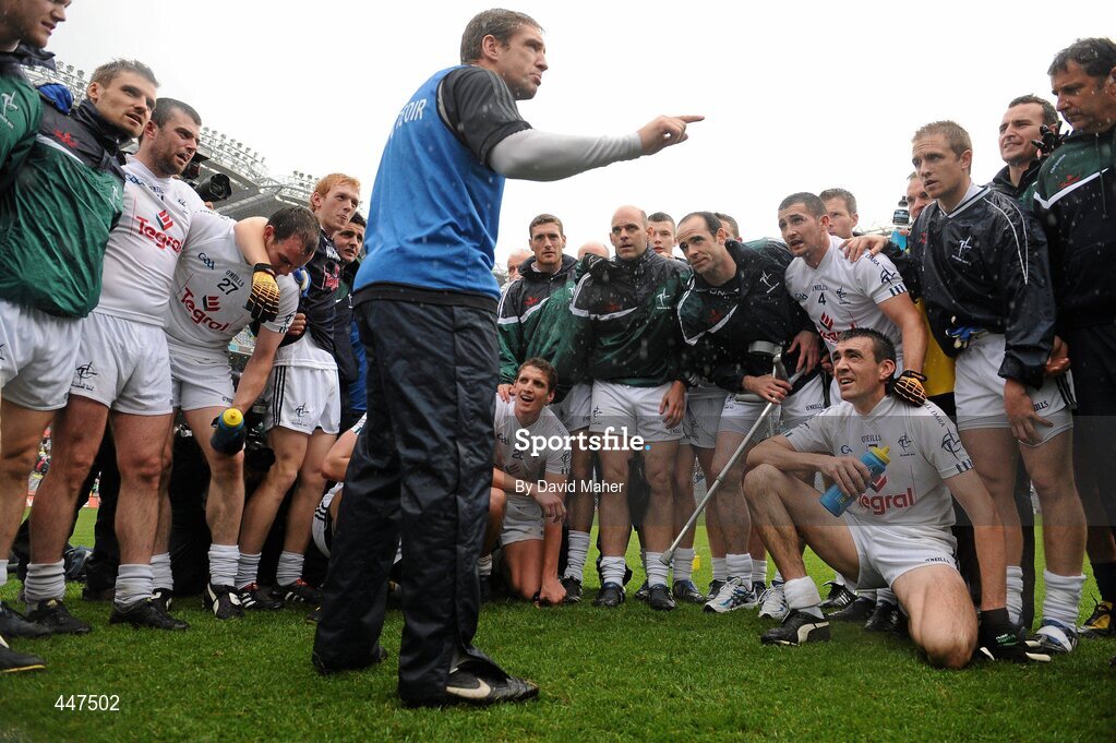 1 August 2010; Kieran McGeeney, Kildare manager, celebrates with the Kildare players at the end of the game. GAA Football All-Ireland Senior Championship Quarter-Final, Meath v Kildare, Croke Park, Dublin. Picture credit: David Maher / SPORTSFILE