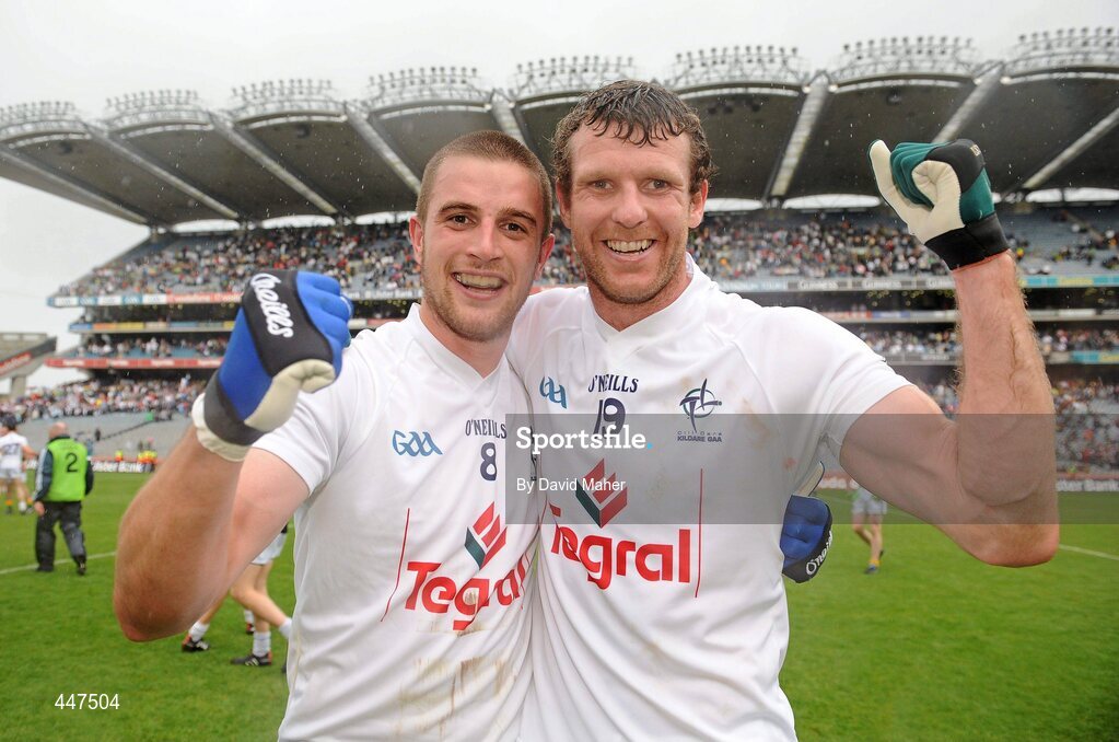 1 August 2010; Kildare players Daryl Flynn, left, and Ronan Sweeney, celebrate at the end of the game. GAA Football All-Ireland Senior Championship Quarter-Final, Meath v Kildare, Croke Park, Dublin. Picture credit: David Maher / SPORTSFILE