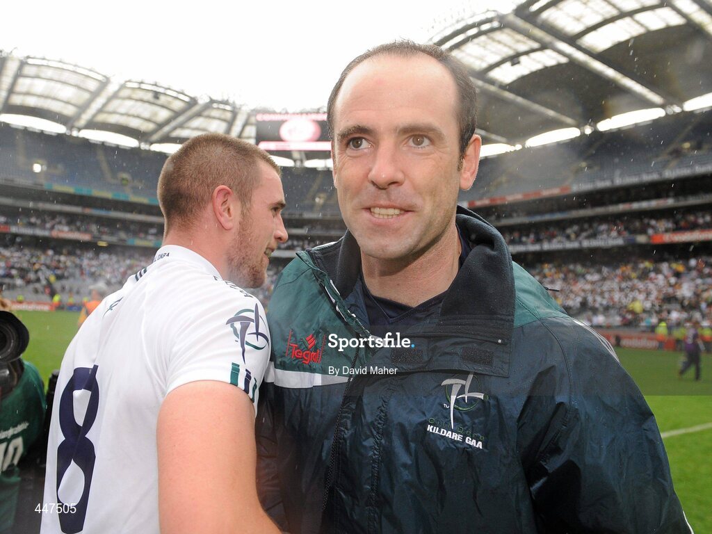 1 August 2010; Dermot Earley, right, Kildare, celebrates with Daryl Flynn at the end of the game. GAA Football All-Ireland Senior Championship Quarter-Final, Meath v Kildare, Croke Park, Dublin. Picture credit: David Maher / SPORTSFILE
