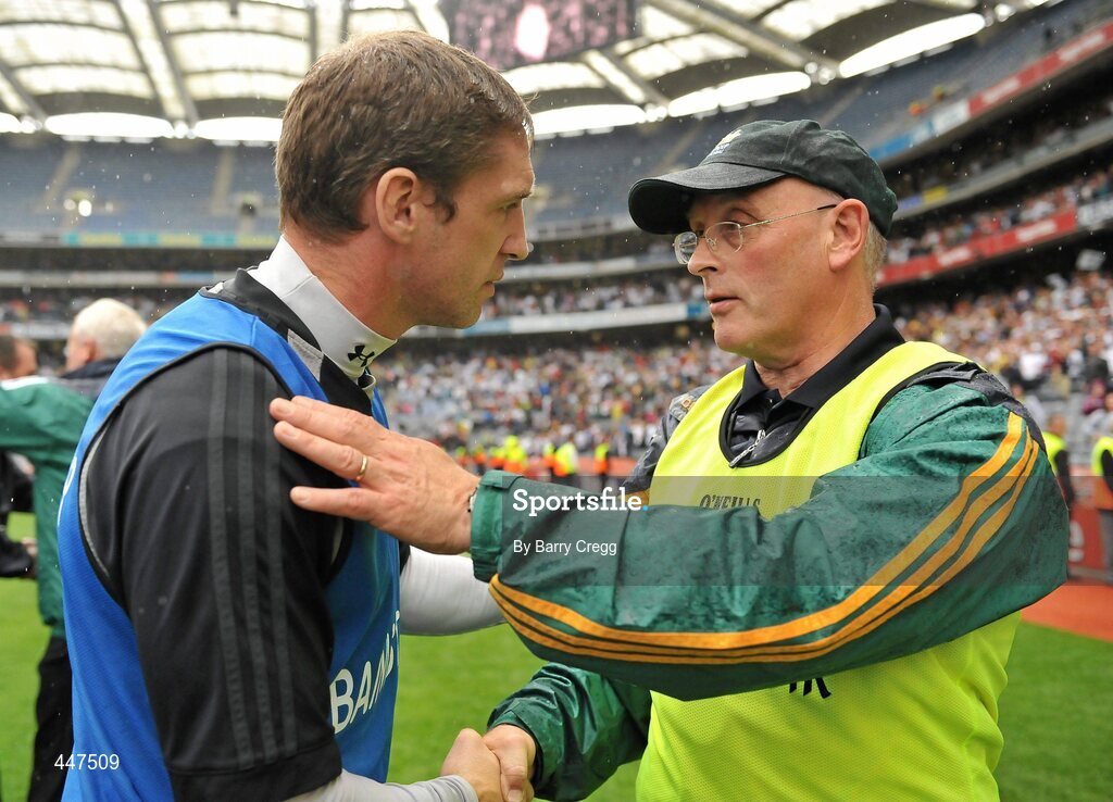 1 August 2010; Kildare manager Kieran McGeeney shakes hands with Meath manager Eamon O' Brien. GAA Football All-Ireland Senior Championship Quarter-Final, Meath v Kildare, Croke Park, Dublin. Picture credit: Barry Cregg / SPORTSFILE