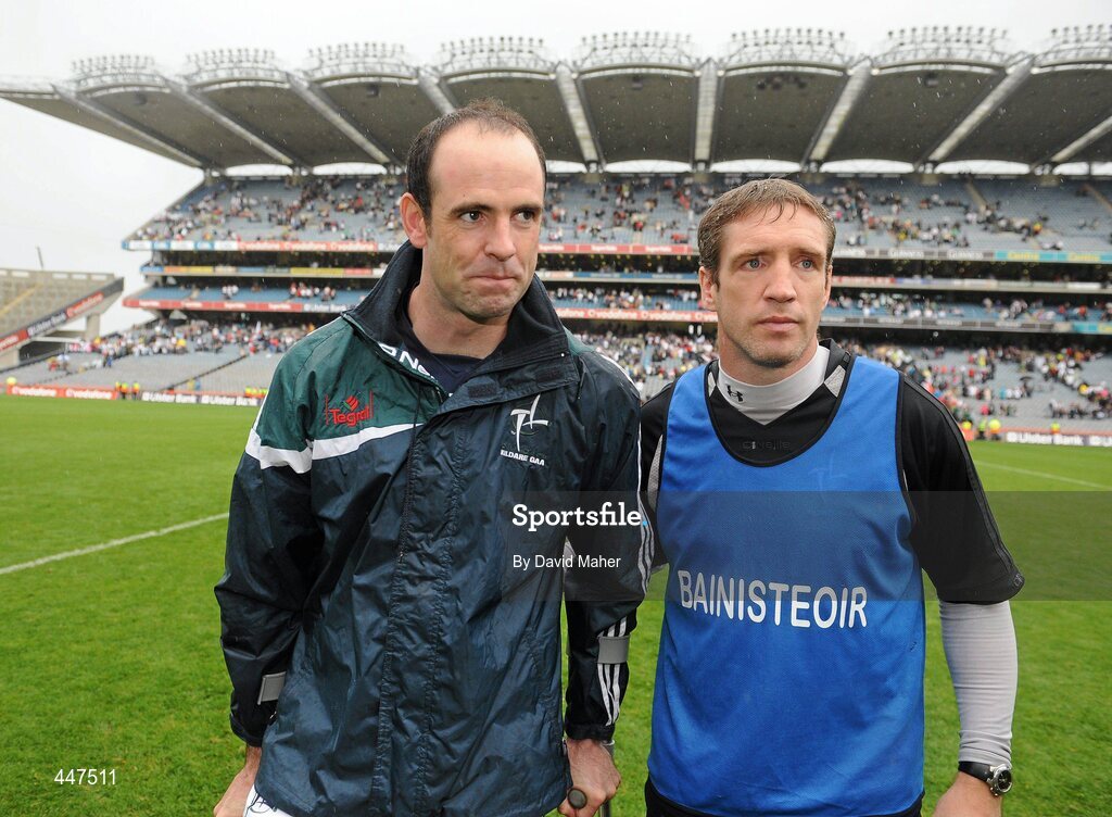 1 August 2010; Kildare manager Kieran McGeeney, right, celebrates with Dermot Earley at the end of the game. GAA Football All-Ireland Senior Championship Quarter-Final, Meath v Kildare, Croke Park, Dublin. Picture credit: David Maher / SPORTSFILE