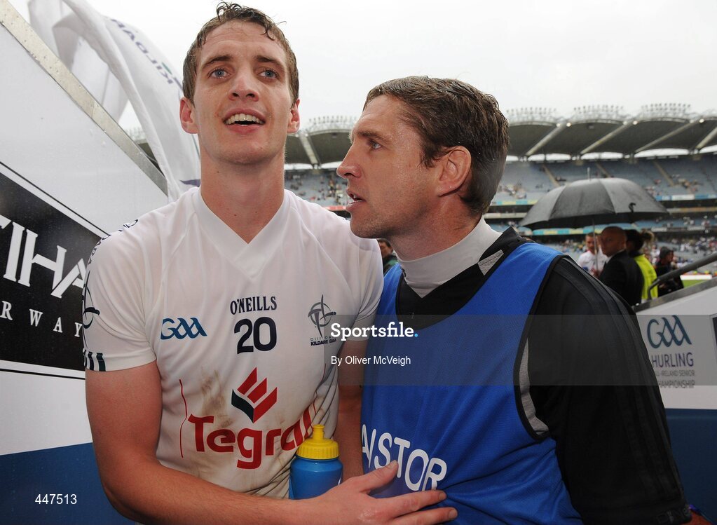 1 August 2010; Kildare manager Kieran McGeeney, right, celebrates with Hugh Lynch. GAA Football All-Ireland Senior Championship Quarter-Final, Meath v Kildare, Croke Park, Dublin. Picture credit: Oliver McVeigh / SPORTSFILE
