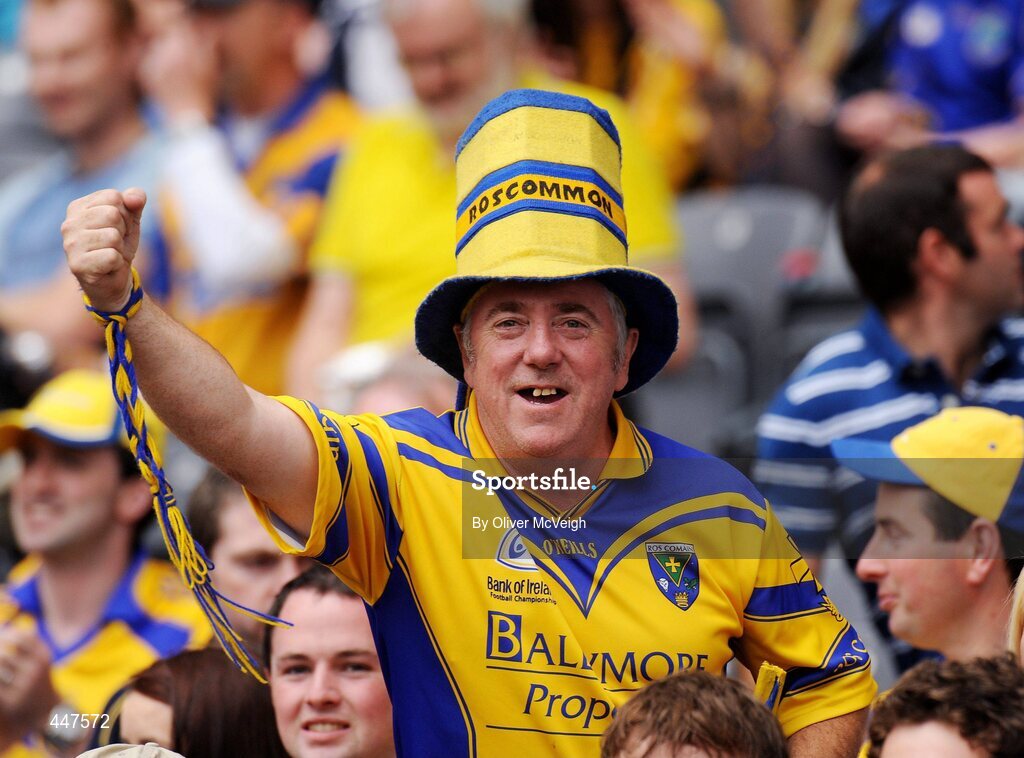 1 August 2010; A Roscommon supporter cheers on his team at the game. Supporters at the GAA Football All-Ireland Senior Championship Quarter-Finals, Croke Park, Dublin. Picture credit: Oliver McVeigh / SPORTSFILE