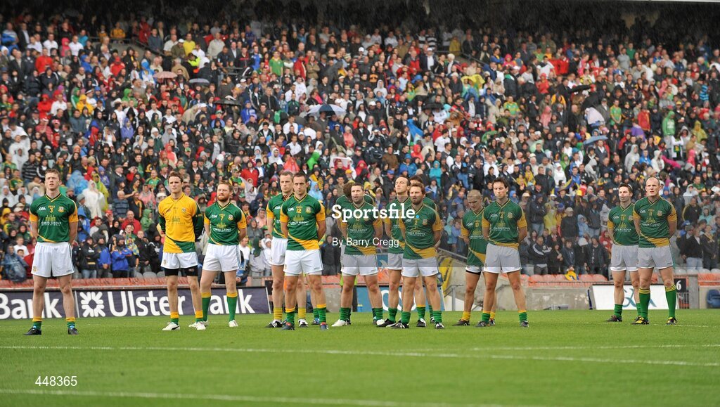 1 August 2010; The Meath team stand for the National Anthem. GAA Football All-Ireland Senior Championship Quarter-Final, Meath v Kildare, Croke Park, Dublin. Picture credit: Barry Cregg / SPORTSFILE