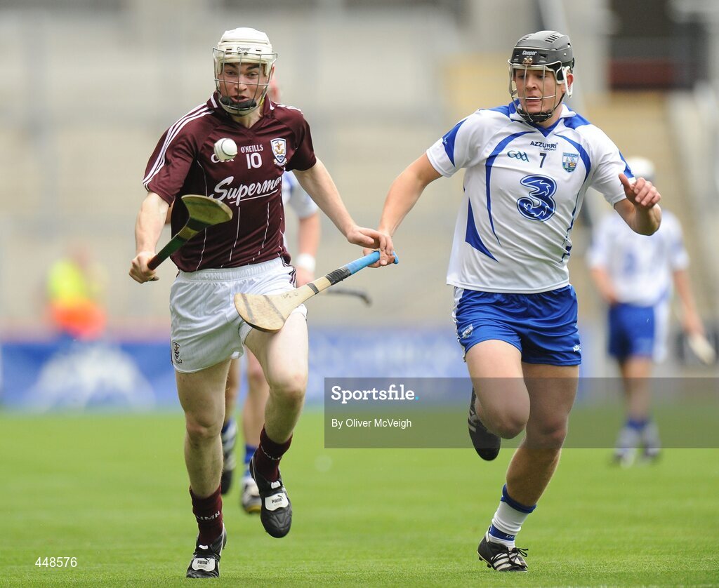 25 July 2010; Albert Mullins, Galway, in action against Eoin Madigan, Waterford. ESB GAA Hurling All-Ireland Minor Championship Quarter-Final, Waterford v Galway, Croke Park, Dublin. Picture credit: Oliver McVeigh / SPORTSFILE