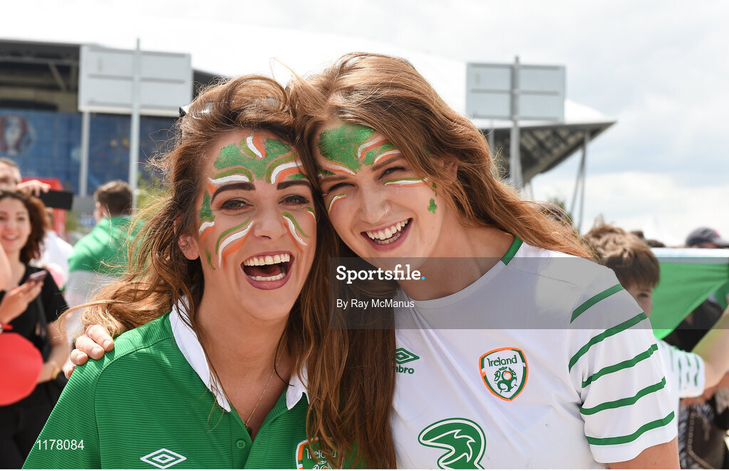 26 June 2016; Republic of Ireland supporters Louise Hannon, from Castleknock, Dublin, and Lisa Dunne from Leopardstown, Dublin, ahead of the UEFA Euro 2016 Round of 16 match between France and Republic of Ireland at Stade des Lumieres in Lyon, France. Photo by Ray McManus/Sportsfile