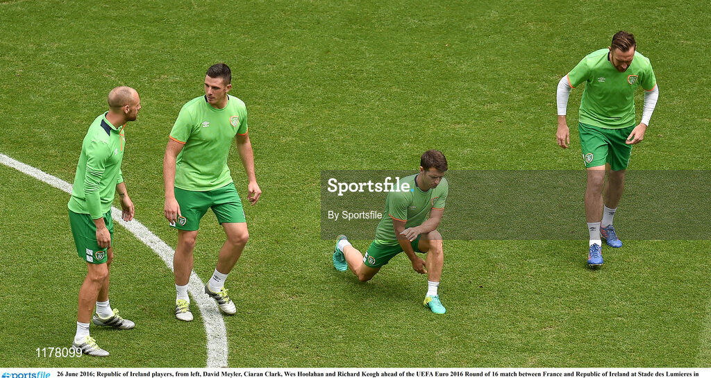 26 June 2016; Republic of Ireland players, from left, David Meyler, Ciaran Clark, Wes Hoolahan and Richard Keogh ahead of the UEFA Euro 2016 Round of 16 match between France and Republic of Ireland at Stade des Lumieres in Lyon, France. Photo by Sportsfile