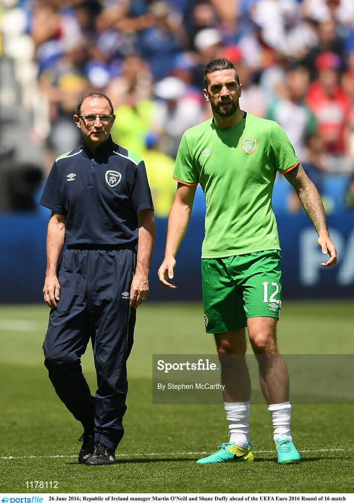 26 June 2016; Republic of Ireland manager Martin O'Neill and Shane Duffy ahead of the UEFA Euro 2016 Round of 16 match between France and Republic of Ireland at Stade des Lumieres in Lyon, France. Photo by Stephen McCarthy/Sportsfile
