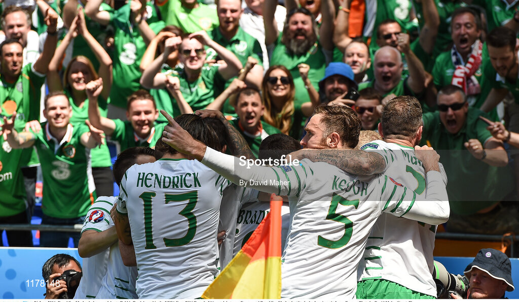 26 June 2016; Republic of Ireland players celebrate Robbie Brady's goal in the UEFA Euro 2016 Round of 16 match between France and Republic of Ireland at Stade des Lumieres in Lyon, France. Photo by David Maher/Sportsfile
