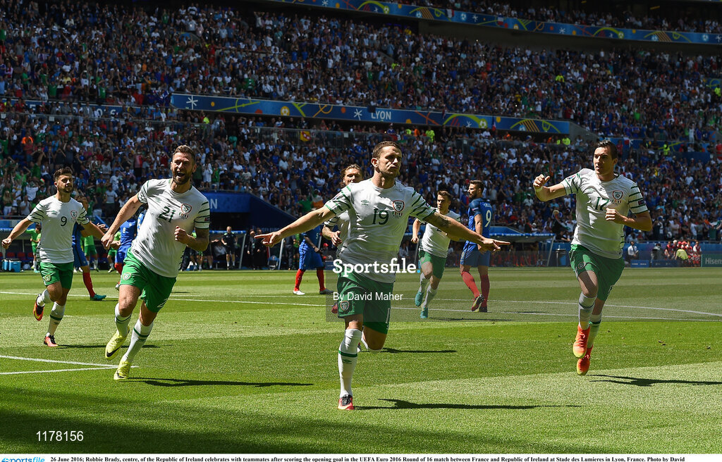 26 June 2016; Robbie Brady, centre, of the Republic of Ireland celebrates with teammates after scoring the opening goal in the UEFA Euro 2016 Round of 16 match between France and Republic of Ireland at Stade des Lumieres in Lyon, France. Photo by David Maher/Sportsfile